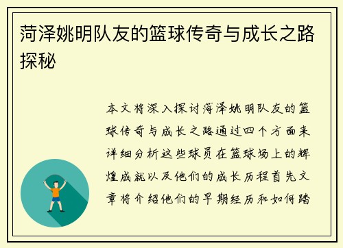 菏泽姚明队友的篮球传奇与成长之路探秘