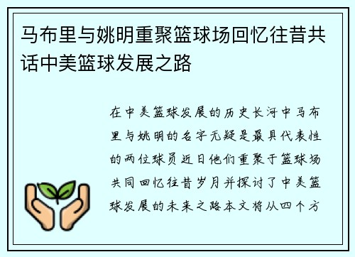 马布里与姚明重聚篮球场回忆往昔共话中美篮球发展之路
